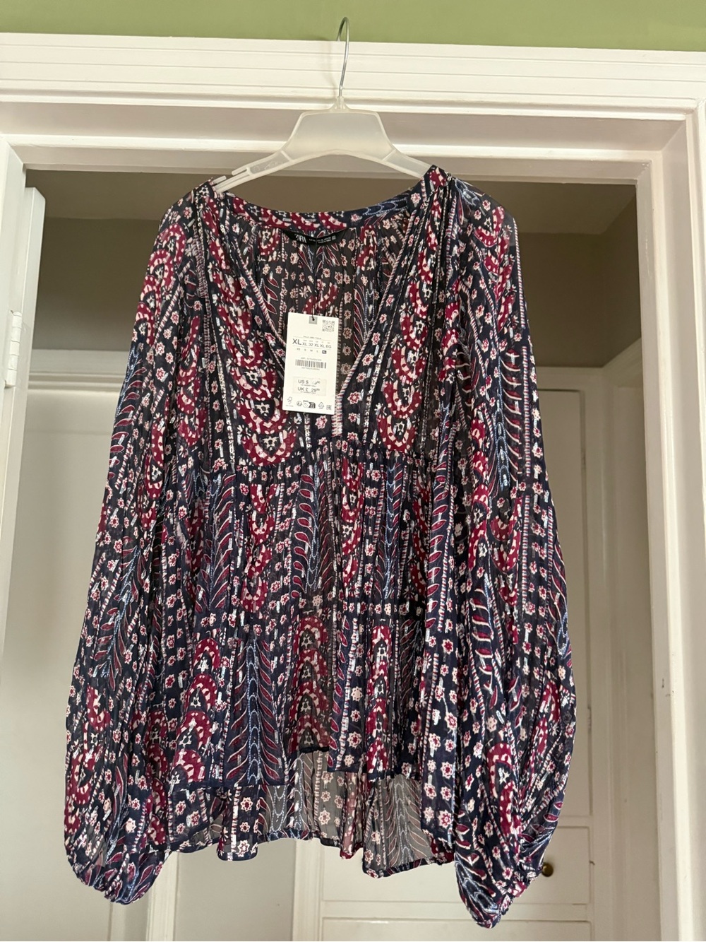 Zara Navy and Burgundy Floral Peasant Tunic